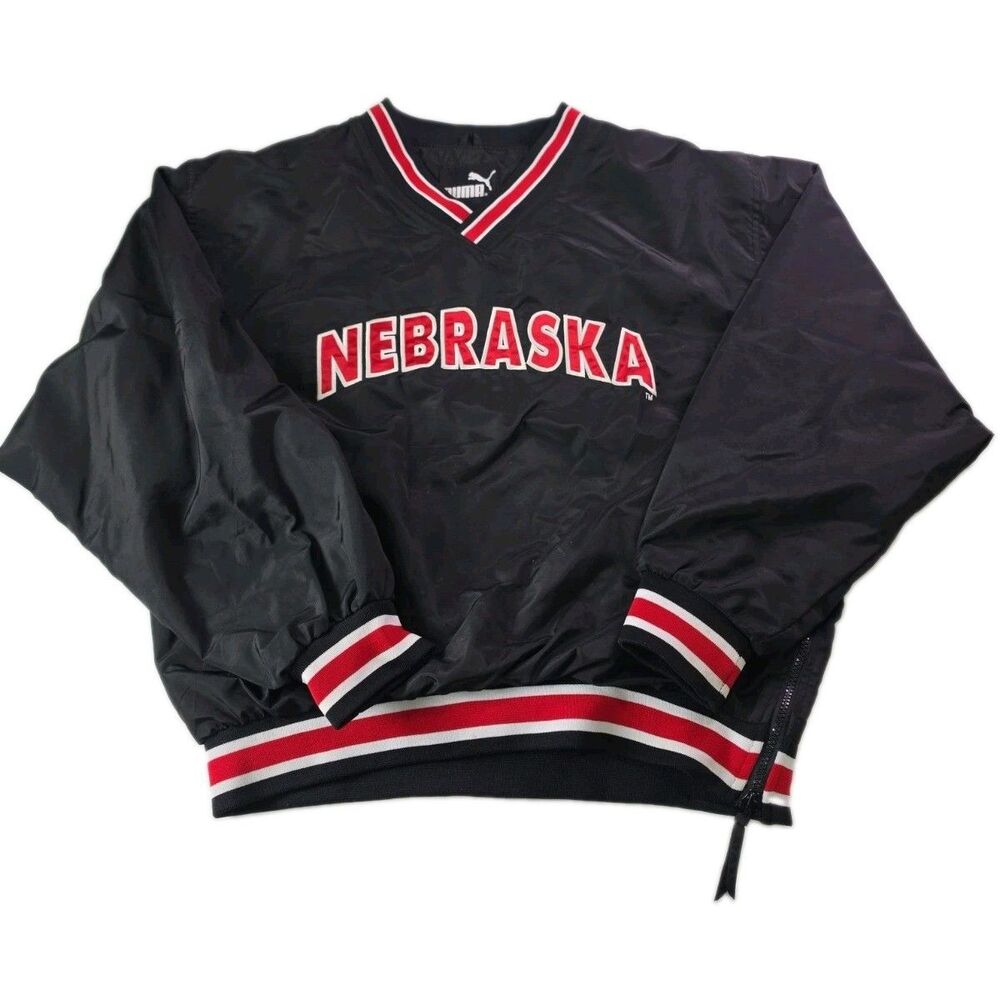 University of Nebraska Cornhuskers Puma Pullover Spell Out Striped 90s Blackout
